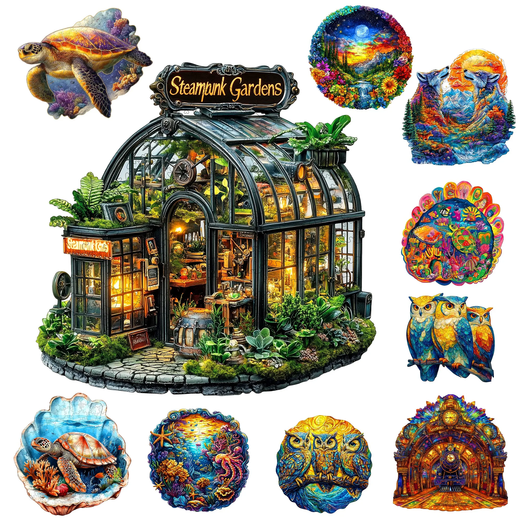 

Steampunk Garden and Animals Theme Wooden Jigsaw Puzzle Wooden Decor Painting Christmas and Halloween Gift Toy For Teen And Kid