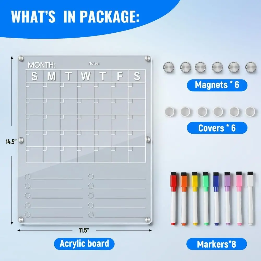 Acrylic Fridge Calendar Clear Monthly Planner Meetings Magnetic Dry Erase Board with 8 Markers Fridge Magnetic
