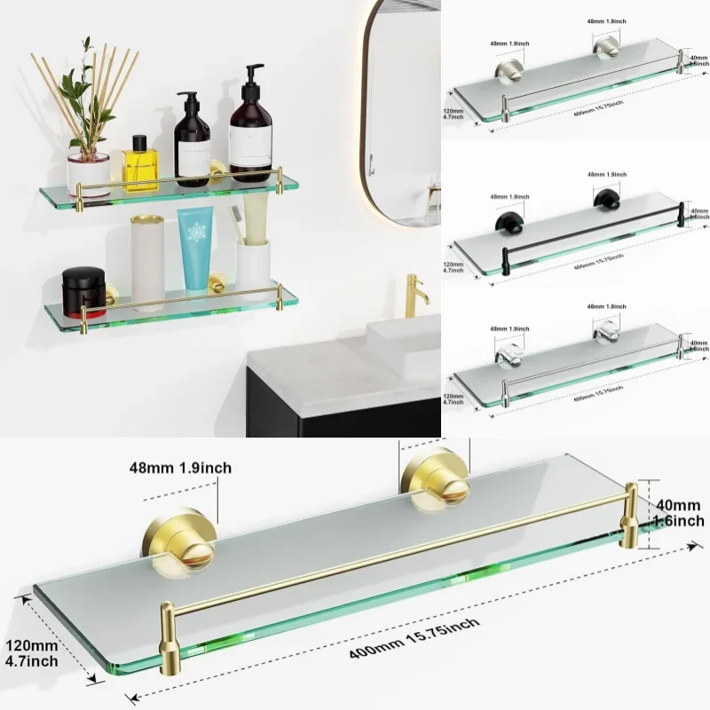 Tempered Glass Bathroom Shelf Stainless Steel Storage Rack Rectangular 40CM 1 Tier Brushed Gold Wall Mounted