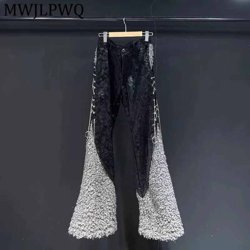 

MWJLPWQ Брюки из искусственного меха с узором из искусственной кожи, микроэластичные брюки, осень-зима 2022, новые высококачественные утолщенные повседневные расклешенные брюки 20816