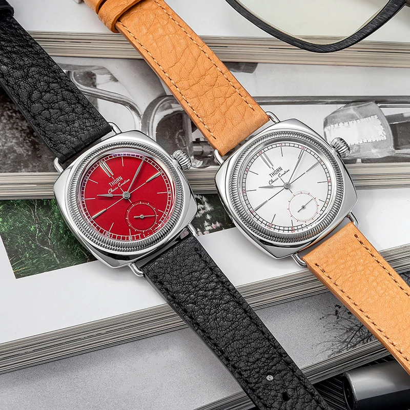 Men's Oyster Vintage Cushion Retro Couple Quartz Watch Sapphire Crystal Stainless Steel Case Genuine Leather Strap 10atm Water