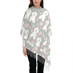 Foulards Longs West Highland pour Femmes, Terrier Blanc, Chiot Rose, Fleurs, Chaud, Pompon, Châle, Rond, Chien, Hiver, Automne