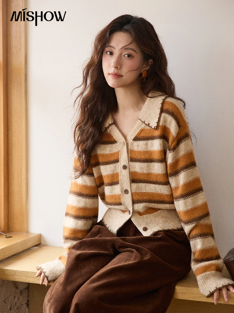 

MISHOW Striped Cardigan for Women 2025 Winter Retro Unique Design V-neck Single-breasted Sweater Wool Long Sleeve Top MXE87Z2681
