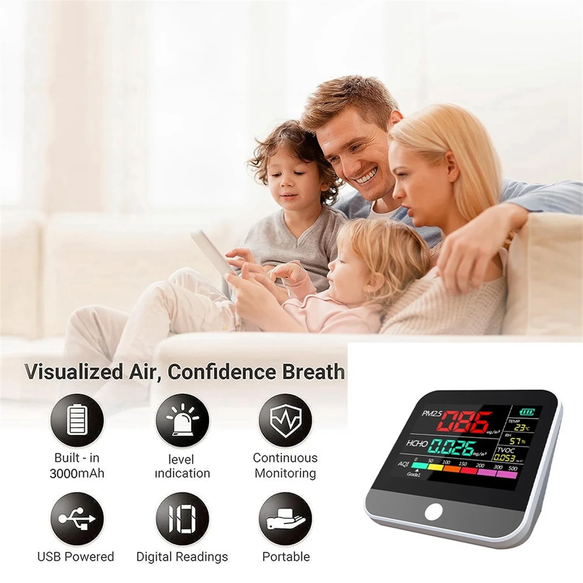 Hot koop Acht in Een Indoor Luchtkwaliteit Monitor PM2.5/PM1/PM10 Monitor Temperatuur Formaldehyde TVOC Luchtkwaliteit tester