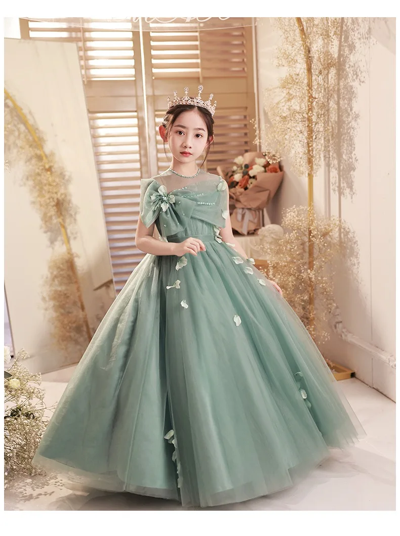 Teenage Girls Dress Green Lace Children\'s Clothing Party Elegant Princess Long Tulle Clothes Kids Sequined Wedding Ceremony Gown