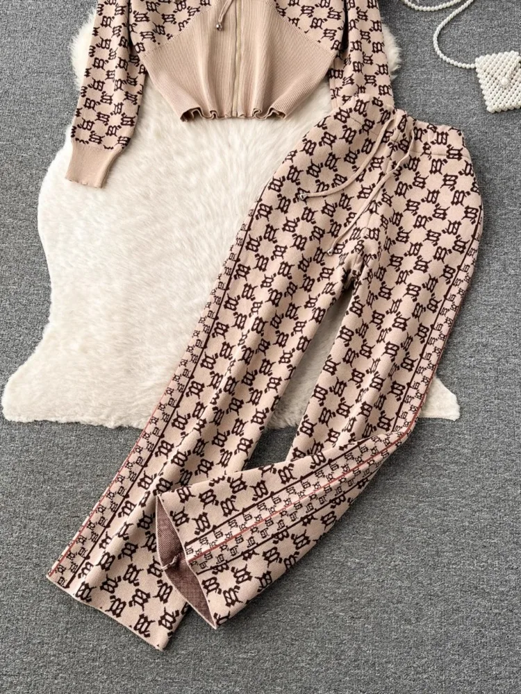 Vintage Gestrickte Anzug Hohe Qualität Sets 2025 Frühling Herbst Plaid Mit Kapuze Top Mantel Breite Bein Hosen Mode Freizeit 2 stück Set Frauen