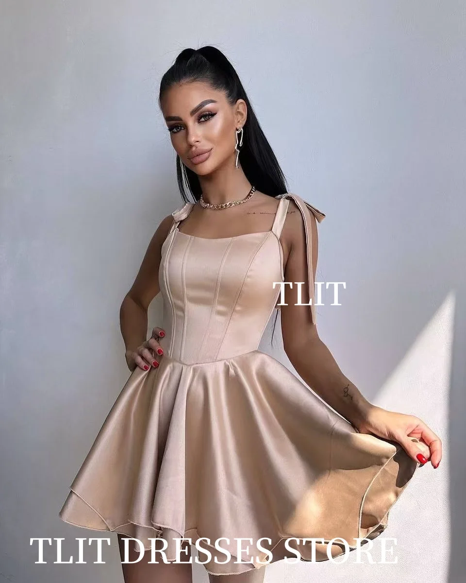 TLIT Sexy Silk Satin Short Evening Party Dresses Arabic Women Cocktail Dresses Spaghetti Strap Bow Customized Robe de soiree
