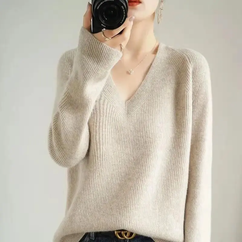 

Fall / Winter New sweater Women V-neck jumper board simplistic oversized sweater knitted elegant lady jumper