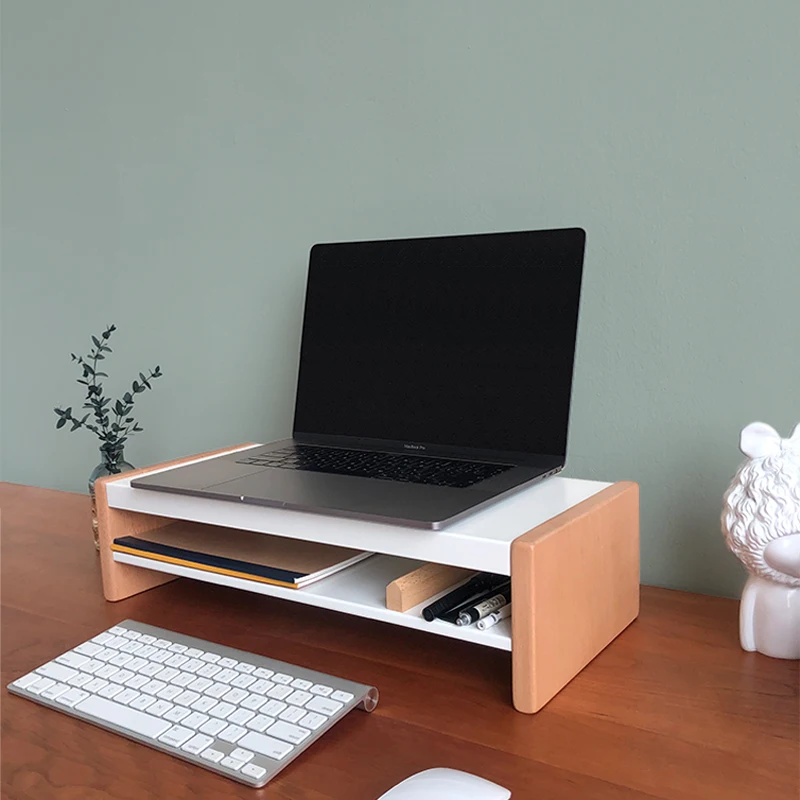 Carbon Steel 2-Tier Monitor Stand Riser Solid Wood Desk Organizer Office Display Shelf Ergonomic
