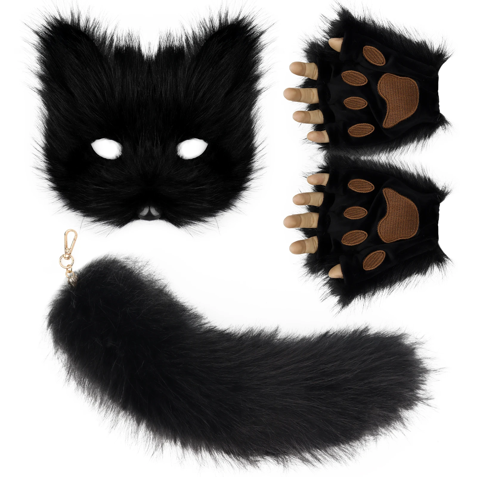 Flauschiges Fell Fuchsschwanz Schlüsselanhänger Katzenpfoten Handschuhe und Wolf Therian Maske Set für Halloween Cosplay Kostümzubehör – Detail 1