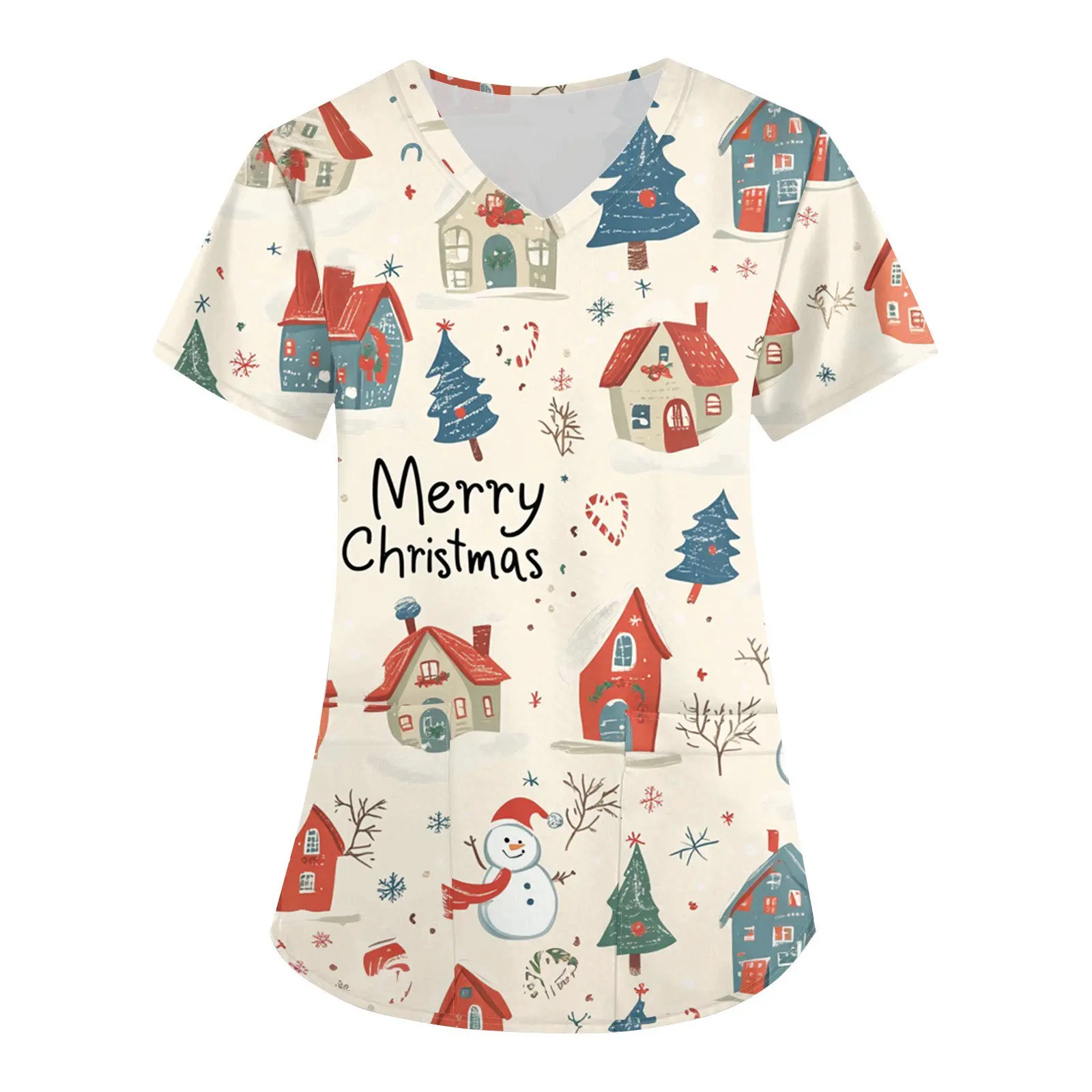 الدعك الطبية لعيد الميلاد للنساء، قطع علوية متدرجة للنساء، طباعة الأزهار، ممرضة قصيرة الأكمام، رقبة على شكل V، ملابس العمل الموحدة B