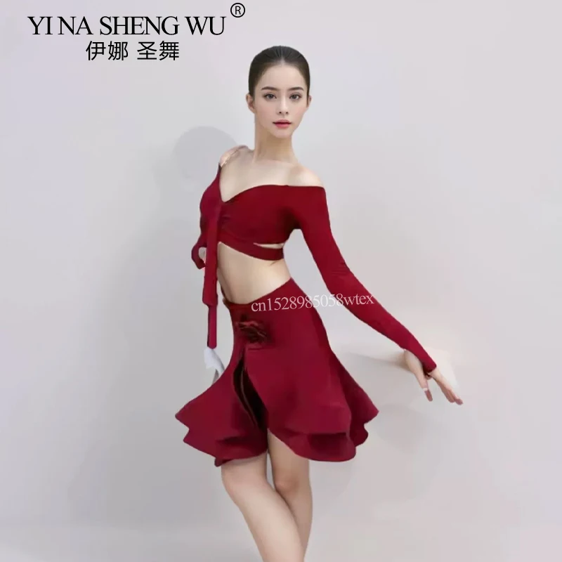 New Latin Dance Top Skirt Set Girls Cha Cha Samba Performance Competition Costumes Long SLeeves Top Skirt Burgundy Dress 2colors