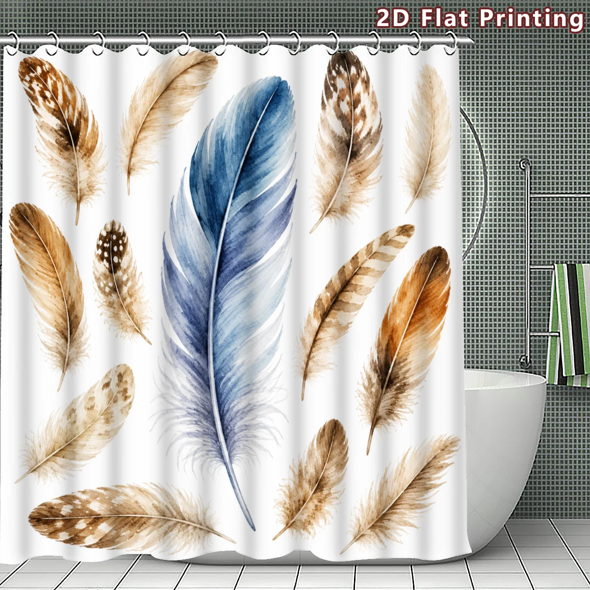 Watercolor Feather Shower Curtain, Boho Blue Brown Bird Plume Print Waterproof Bathroom Decor, Nature Style Home Bath Screen