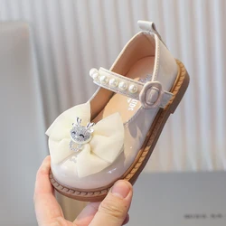 Girls Shoes 2-12 Years Old Beige Cartoon Bow Pearl Girls Baby Mary Jane Shoes Black Soft Bottom Non-slip Children Baby Sandals