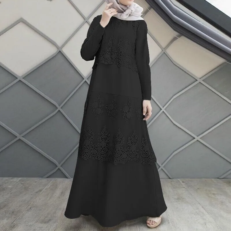 Elegant spring long sleeve patchwork sun dress Türkiye headband dress gown women's Muslim lace crochet