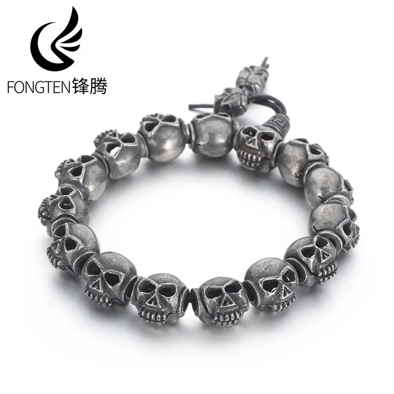 

Fongten Vintage Antique Skeleton Men's Stainless Steel Bracelet Hollow Design Adjustable Chain Fashion Jewelry Party Gifts