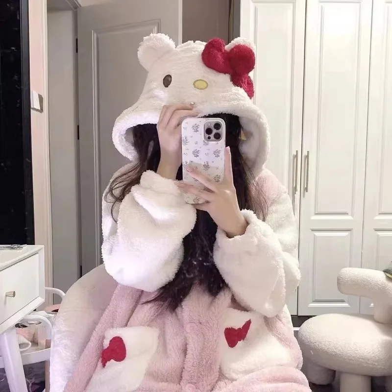 2024 Hello Kitty Pajamas Women\'S Autumn And Winter Coral Velvet Thickened Bathrobe Cute Winter Nightgown Long Women\'S Suit