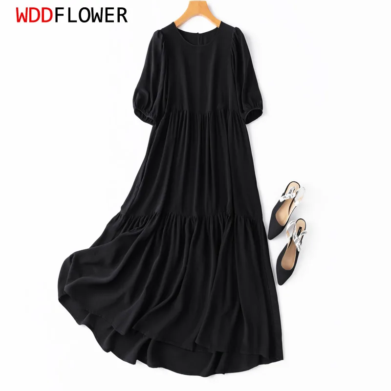 Women Silk Midi Dress 100% Mulberry Silk Baby Doll Crew neck short sleeve Long Dress Big Hem Solid color Black M L XL MM489