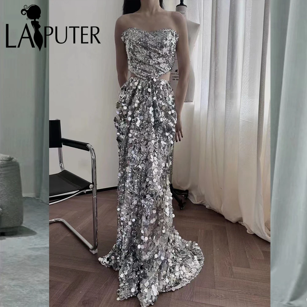 Big Sequins Silver Evening Dresses Off Shoulder Column Party Dress Strapless neck Draped Hips Hollow out Waist Prom Gown