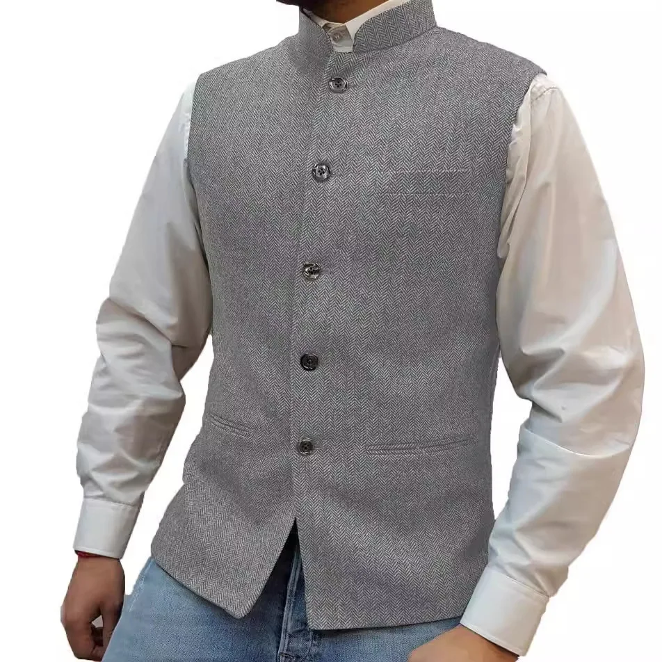 Men's Vest Stand-Up Collar Zhongshan Style Vest Stand-Up Collar Herringbone Vest