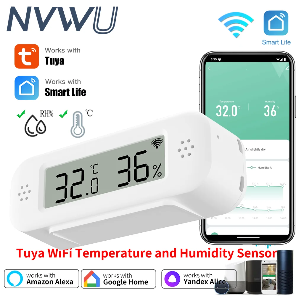 Tuya WiFi Mini Temperatura Wilgotność Dla Inteligentnego Domu Termometr Higrometr APP Zdalny Alarm Współpracuje z Google Home Yandex Alexa