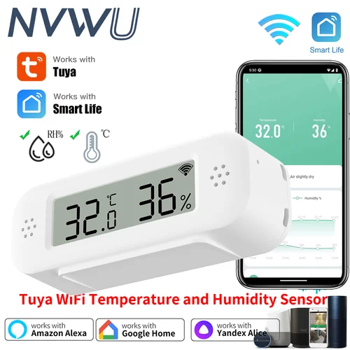 Tuya WiFi Mini temperatura humedad para hogar inteligente termómetro higrómetro aplicación remota alarma funciona con Google Home Yandex Alexa
