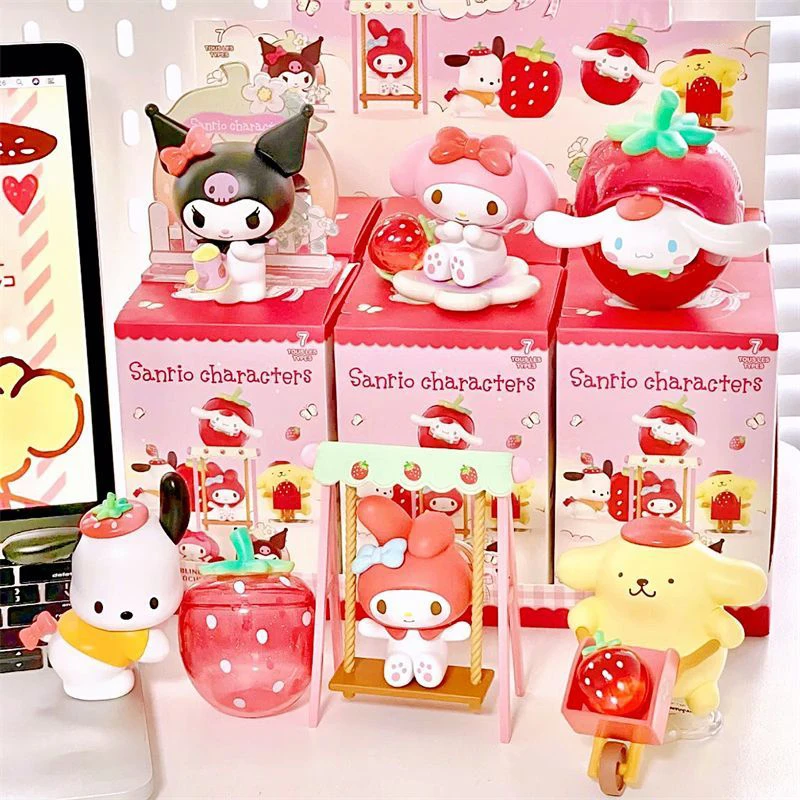 Sanrio Blind Box 6Pcs Strawberry Manor Series Kawaii Kuromi Cinnamoroll My Melody Action Figure Anime Figures Dolls Toy For Girl