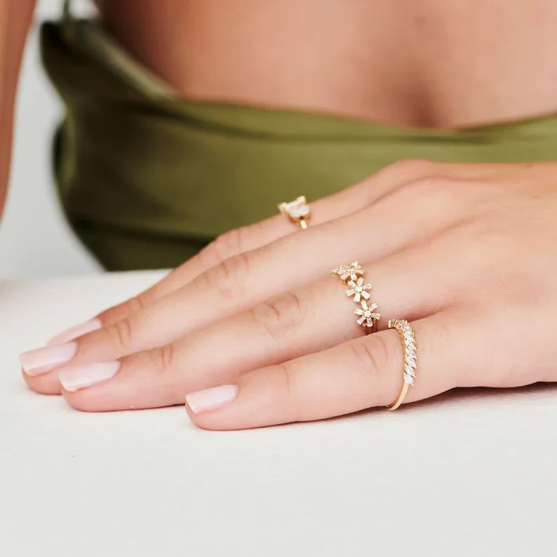Women's 18K Gold Floral Stackable Ring, Dainty Wedding Band