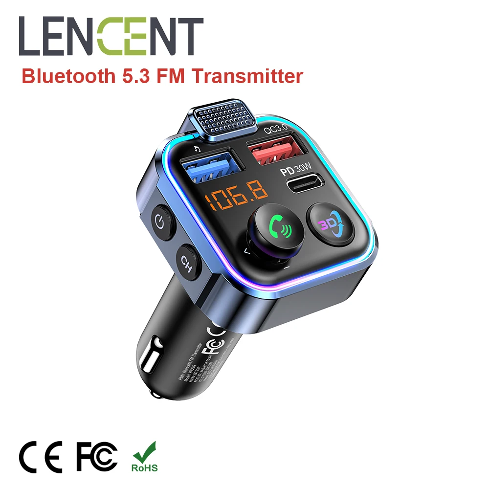 LENCENT Bluetooth 5.3 FM Transmitter with Type C PD 30W & QC3.0 USB Fast Charger Hands-free Supporting USB Memory Stick Adapter