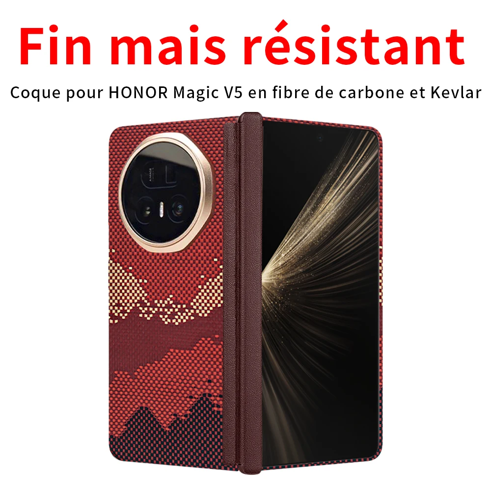 Étui pour Honor Magic V5, en fibre d'aramide Kevlar 600D, tissu pliable en carbone, couverture rigide ultra fine, magnétique, noir, rouge clair