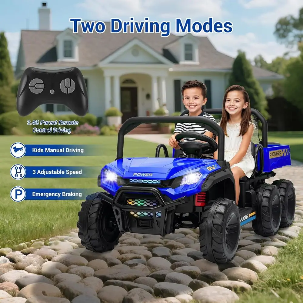 24V 2 Seater 6 Wheel Dump Truck Ride on Car for Big Kids 3-8 with Remote, Max 7MPH, 4WD Kids Electric Car Toy w/Electric ,Blue
