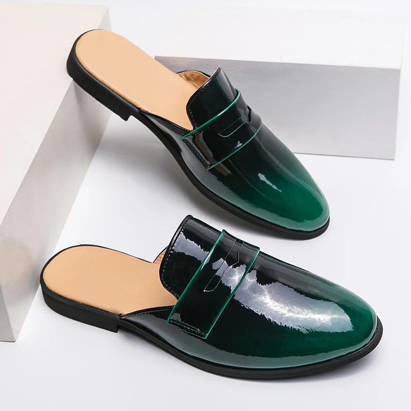 2024 Summer Mules Men Half Shoes For Man Patent Leather Mens Semi-Drag Casual Shoes Backless Loafers Male Slides Flat Sandals