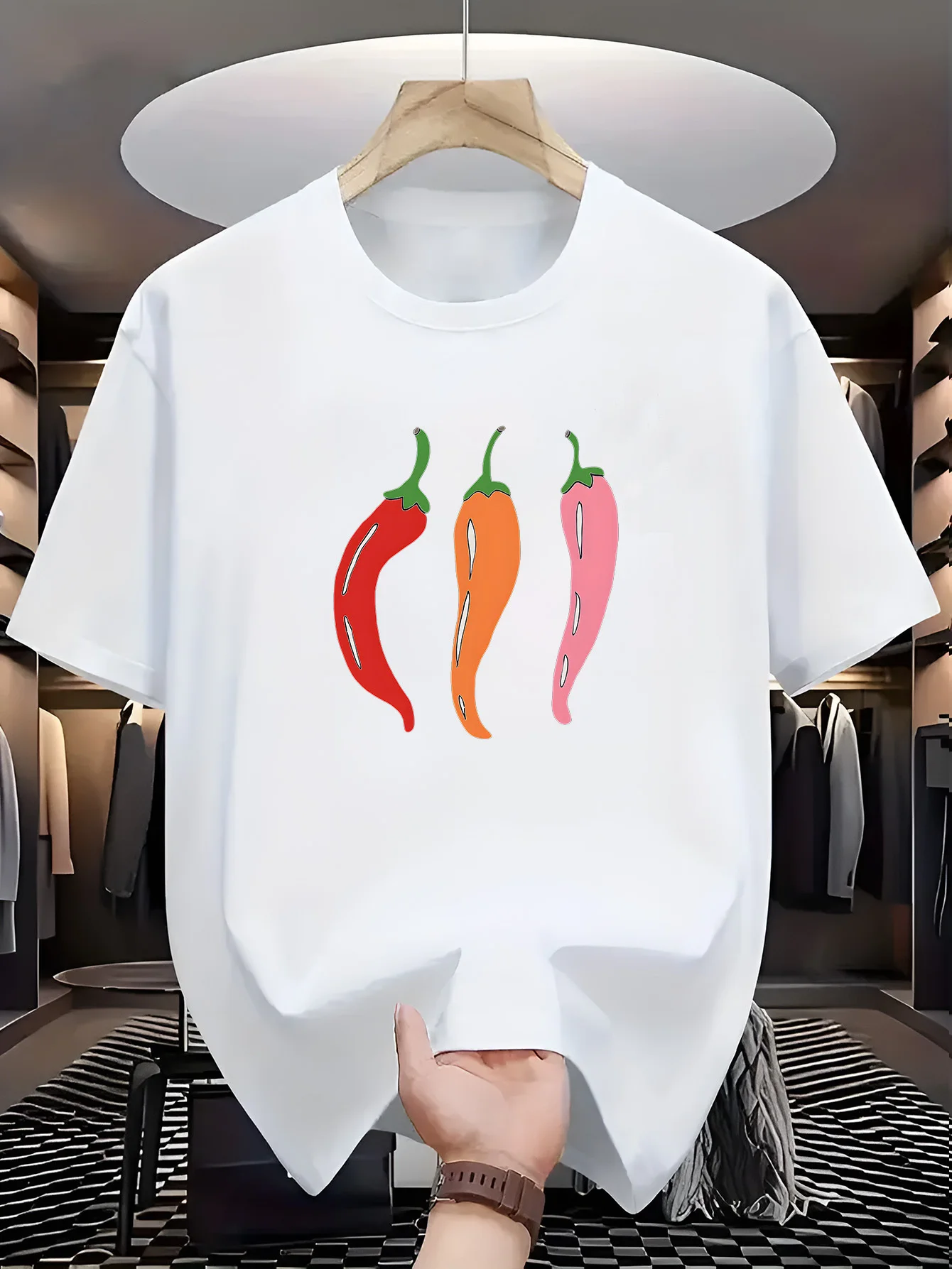 Men Navy Blue Crew Neck Tee Three Colorful Red Orange Pink Chili Pepper Simple Cartoon Vegetable Minimal Casual Cotton Tops