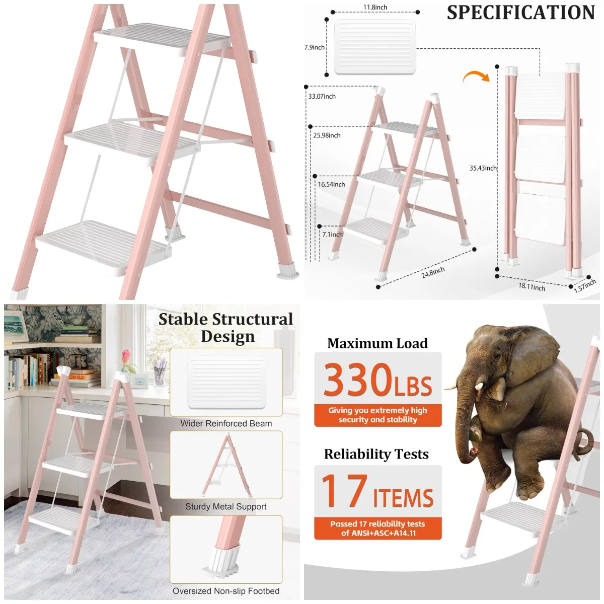 

3-Step Folding Ladder, Anti-Slip Steel Step Stool, Pink White