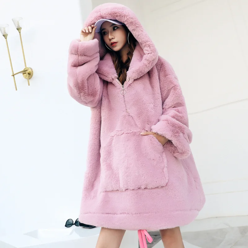 Winter Imitation Fur Pullover Sweater Jacket Women's Medium and Long Imitation Rabbit Fur Thickened Hooded Coat for Women