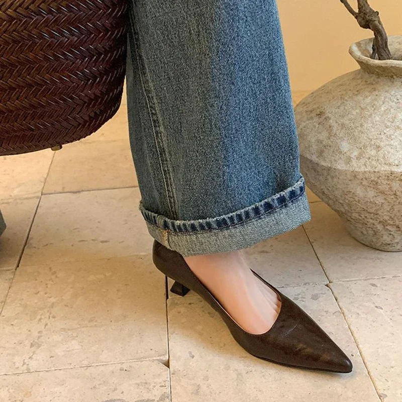 NEW Spring/Autumn Women Pumps Genuine Leather Shoes Women Pointed Toe Thin Heel Shoes Slip-on Shallow High Heels Handmade Shoes