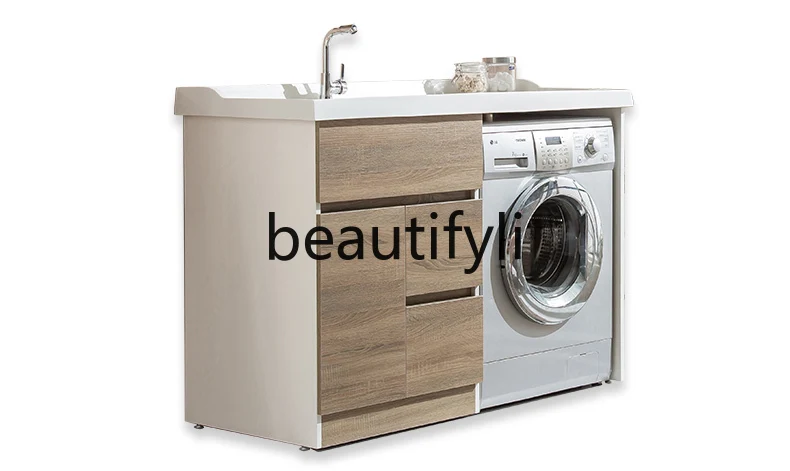 

Solid wood washing machine cabinet Balcony laundry cabinet combination high and low basin, with rubbing board basin