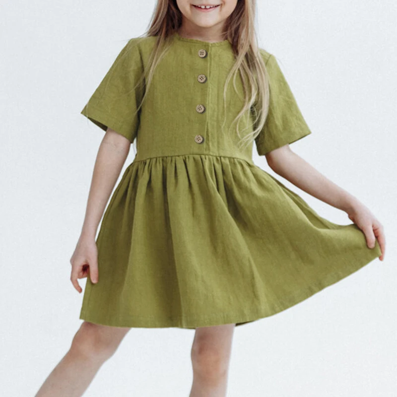 Summer Girl\'s Ramie Short-Sleeved Dress Vintage New Baby Kids Casual Soft And Breathable Loose Dresses With Buttons