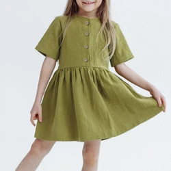 Summer Girl's Ramie Short-Sleeved Dress Vintage New Baby Kids Casual Soft And Breathable Loose Dresses With Buttons