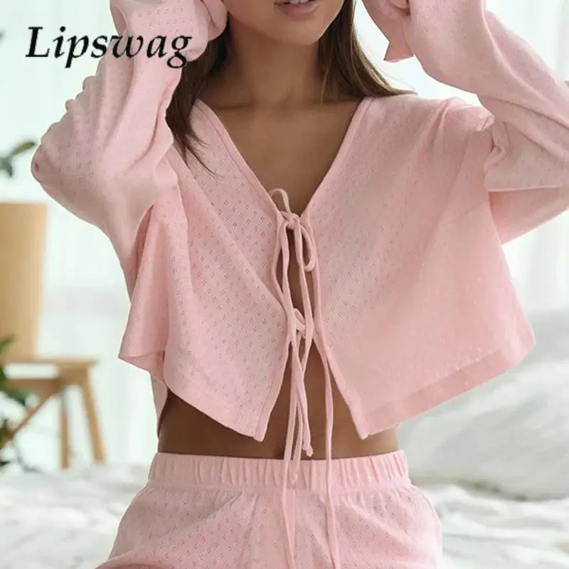 Breathable Jacquard Long-Sleeved Exposed Navel Lace-Up Pajamas And Trousers Two-Piece Lady Versatile Suit Autumn Loungewear Suit