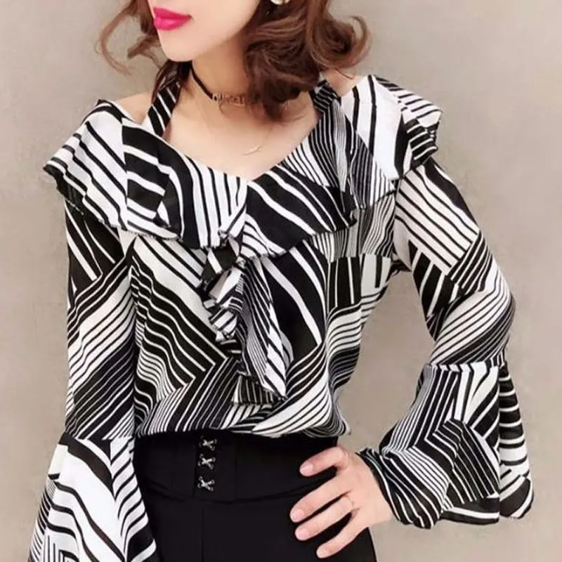 Office Lady Striped Printed Fashion Dot Shirt 2024 Spring Autumn Slash Neck Women's Clothing Off Shoulder Elegant Ruffles Blouse