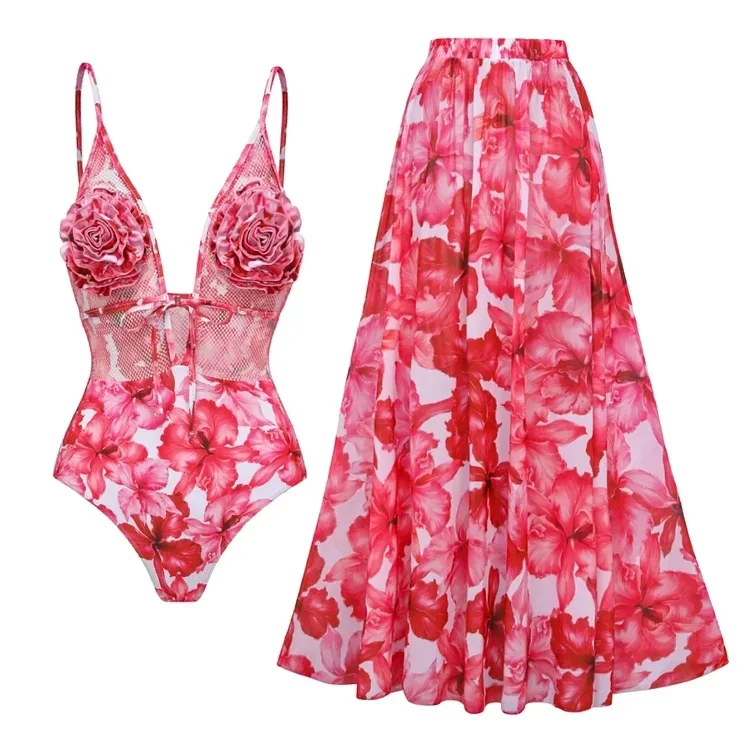 

2024 Sexy Women Swimwear Deep V 3D Flower Mesh Splicing Printed Swimsuit set One Piece Vacation Beachwear Luxury Bathing Suit