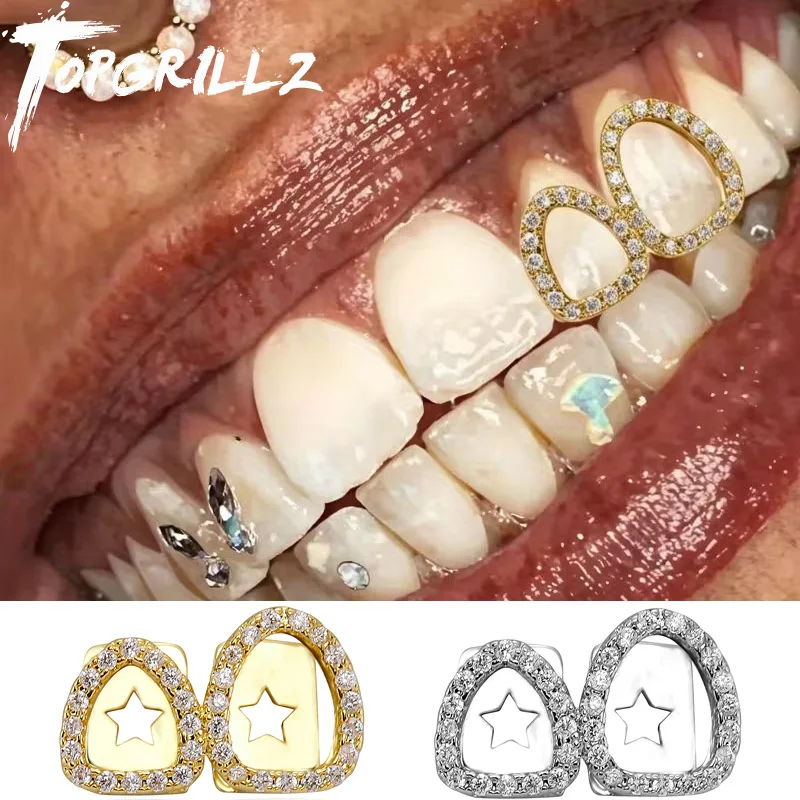 TOPGRILLZ Iced Out Double Hollow Shiny Zircon Teeth Grillz Fashion Full CZ Stones Tooth Caps For Women Men Jewelry Dental Grills