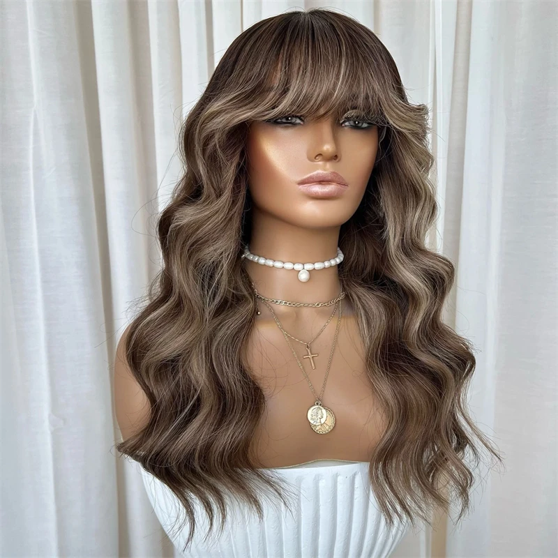 

Loose Deep WAve Ash Brown with Blonde Highlights Lace Top Wig with Bangs Natural STyle Pre Plucked Hairline Synthetic futura Wig