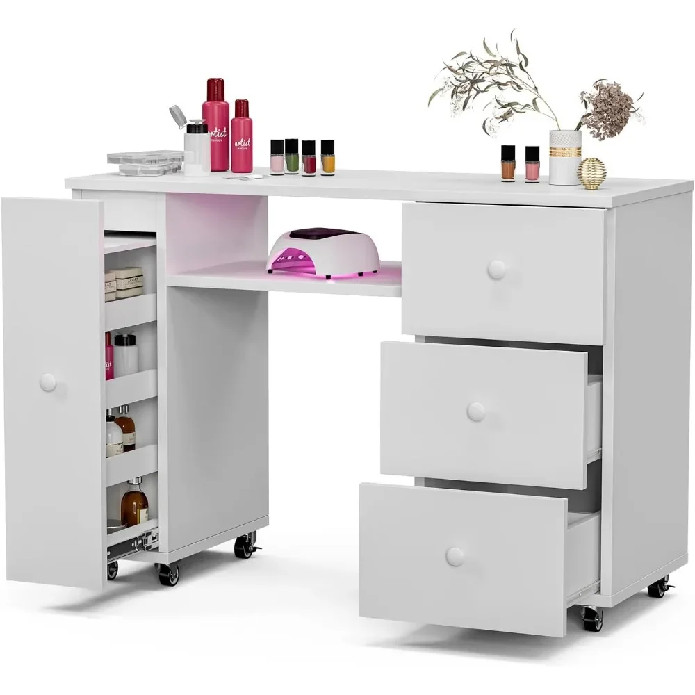 Manicure Table Nail Desk for Nail Tech W/3 Drawers & 1 Vertical Storage Cabinet  Acetone Resistant W/Lockable Wheels, White