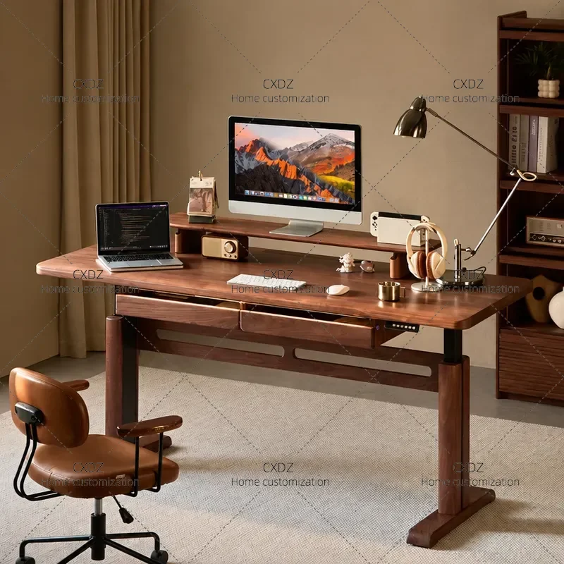 Solid Wood Electric Lifting Desk Black Walnut Intelligent Study Table with Drawers Home Office Computer Workbench