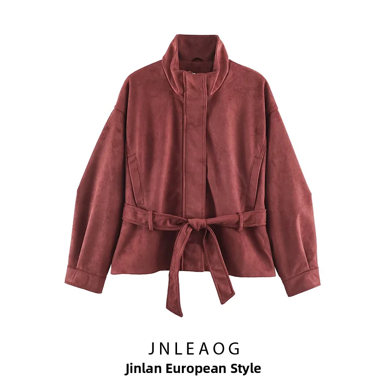JNLEAOG Fashionable Reversible Faux Leather Belted Jacket Women's Short Outerwear Autumn 2026 Standard Fit Polyester Zipper
