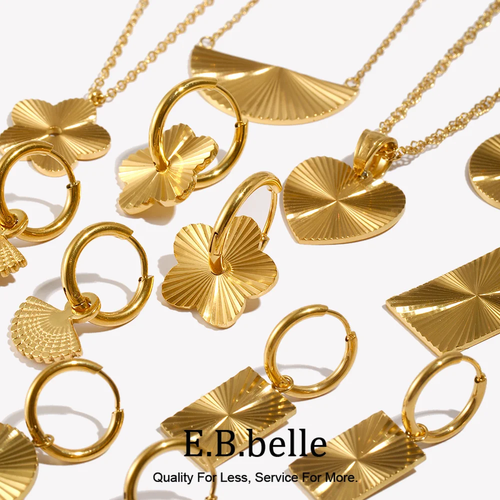 E.B.belle Stainless Steel Enraving Radiating Line Heart Flower Semicircle Irregular Shape Necklace Earring Jewelry Set For Girl