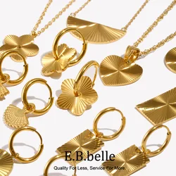 E.B.belle Stainless Steel Enraving Radiating Line Heart Flower Semicircle Irregular Shape Necklace Earring Jewelry Set For Girl