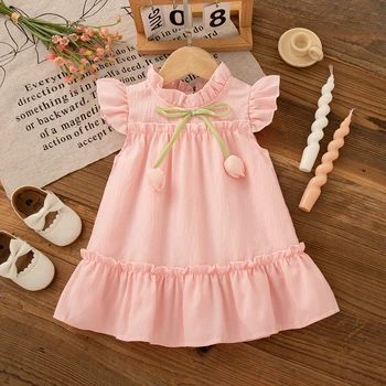 Summer Baby Outfit For Girl Tulip Flower Bow Pink Chiffon Dress Baby Girl Korean Outfit